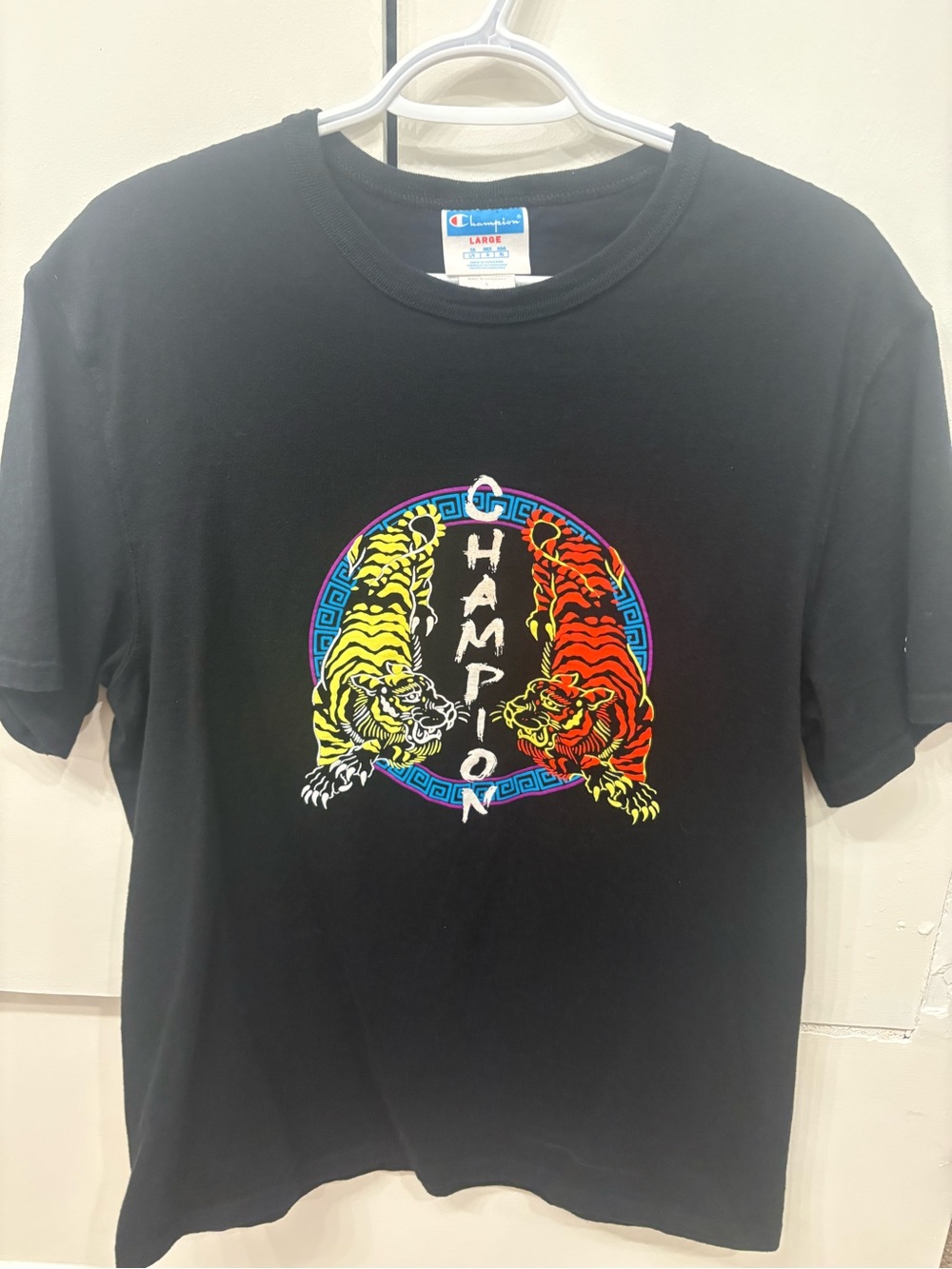 Champion Black Short-Sleeve Tee with Yellow and Red Tiger Graphic